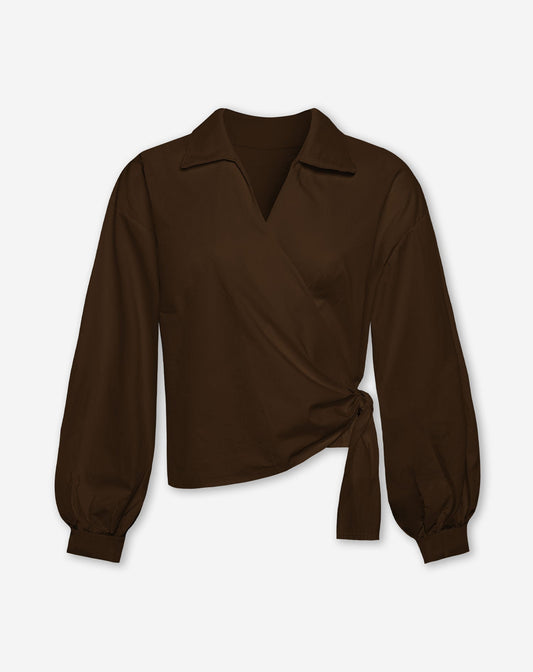 POPLIN WRAP KNOT BLOUSE BRUIN