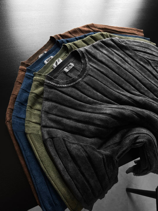 Slim Fit Washed Lines Strick-T-Shirt - Anthrazit