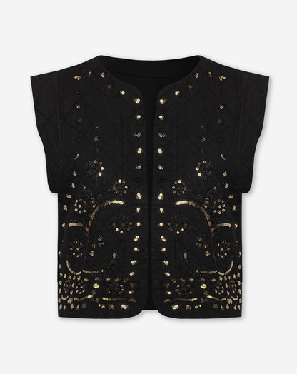 QUILTED SEQUINS GILET ZWART