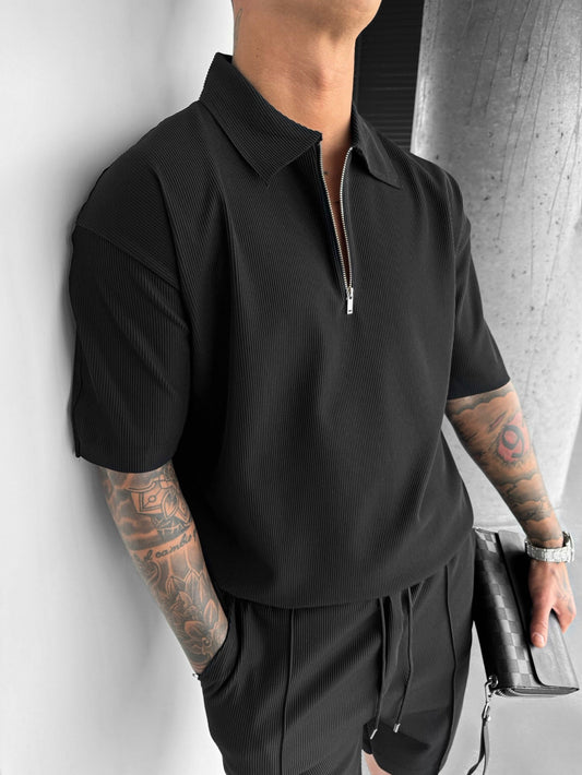 Oversize-Poloshirt mit Reißverschluss und mehreren Lagen - Schwarz