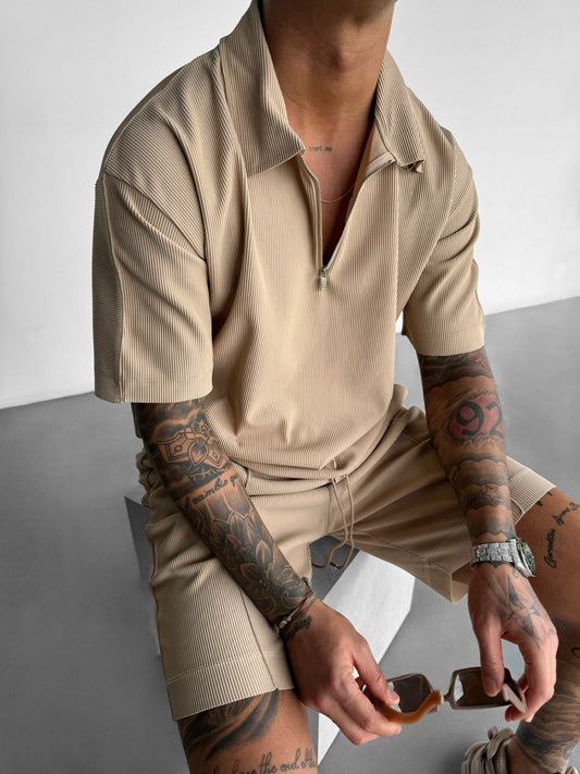 Oversize-Poloshirt mit Reißverschluss und mehreren Lagenmuster - Beige