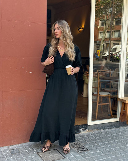 MOUSSELINE MAXI RUFFLE DRESS ZWART