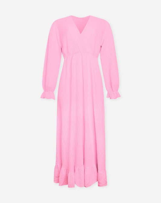MOUSSELINE MAXI RUFFLE DRESS HARD ROZE