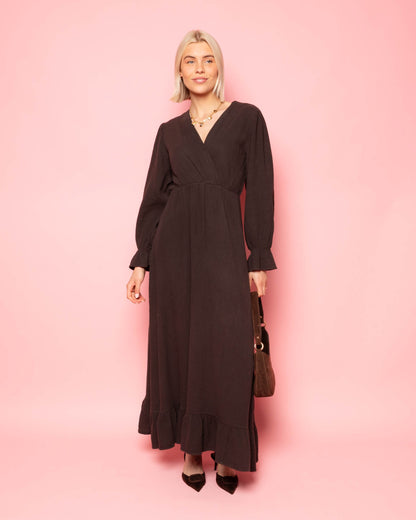 MOUSSELINE MAXI RUFFLE DRESS BRUIN