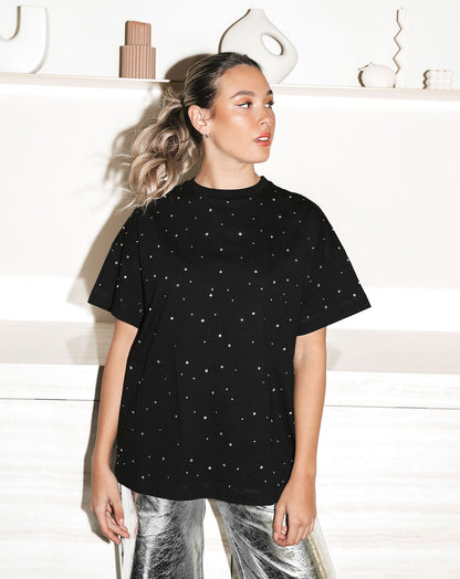 RHINESTONE OVERSIZED TEE ZWART