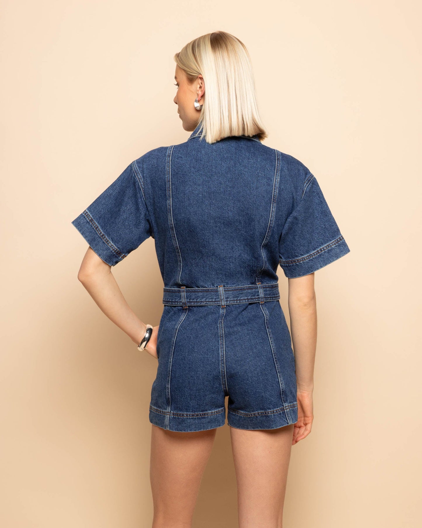 DENIM BELTED PLAYSUIT DONKERBLAUW