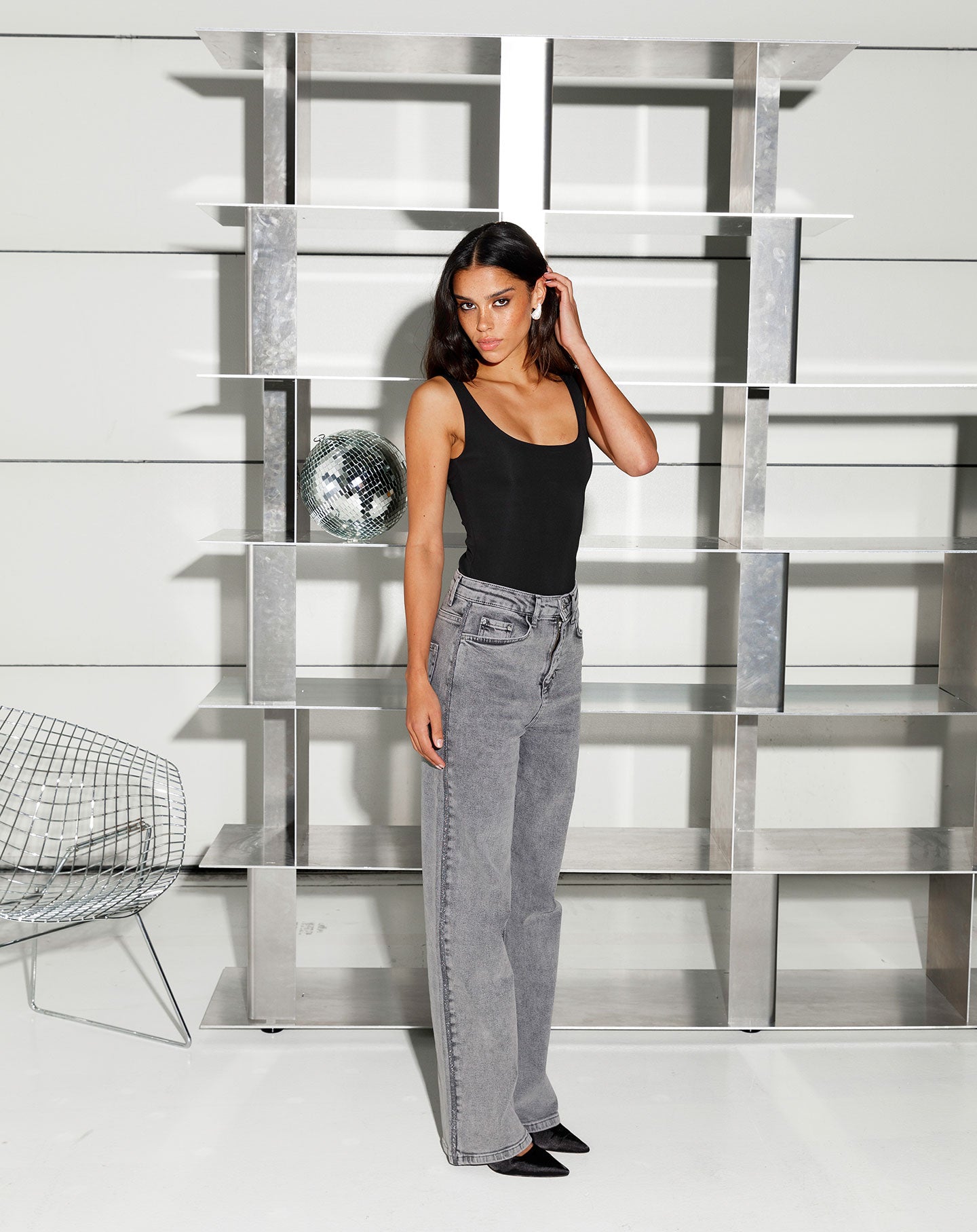 BOOTCUT GLITTER TAPE JEANS LICHTGRIJS