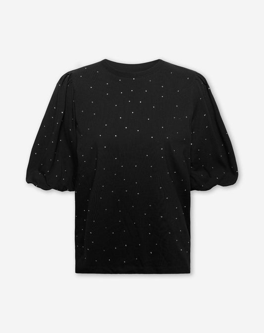 PUFF SLEEVE RHINESTONE TEE ZWART