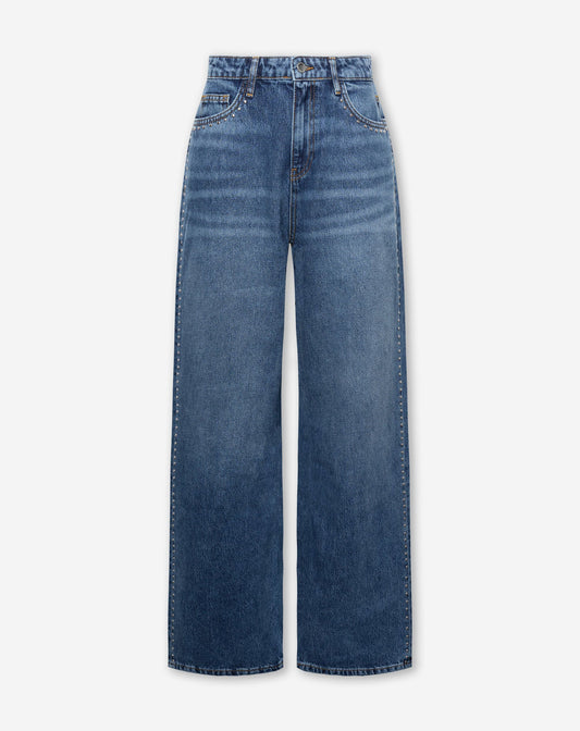 STUD WIDE LEG JEANS DONKERBLAUW