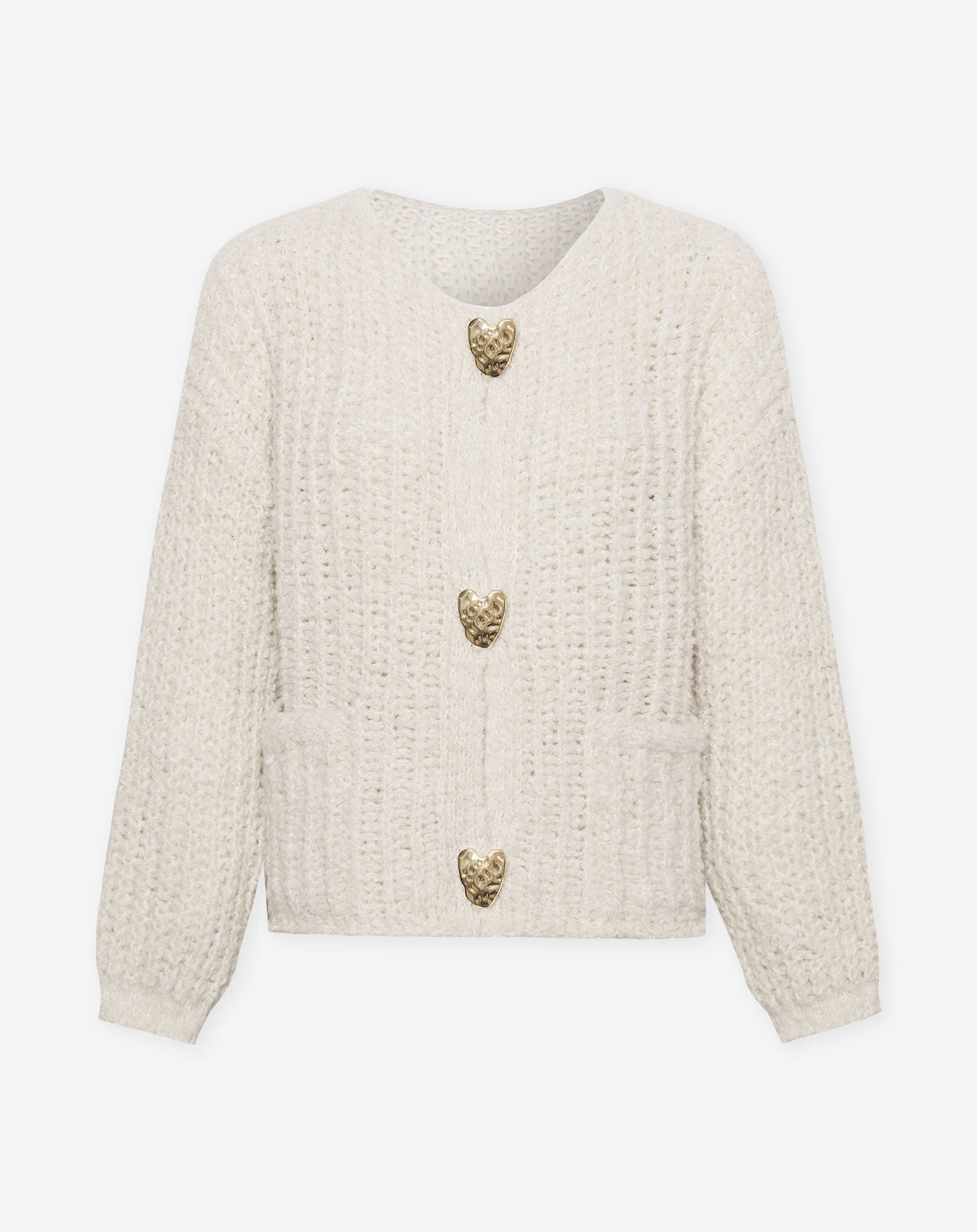BOUCLE BIG HEART BUTTON CARDIGAN CRÈME