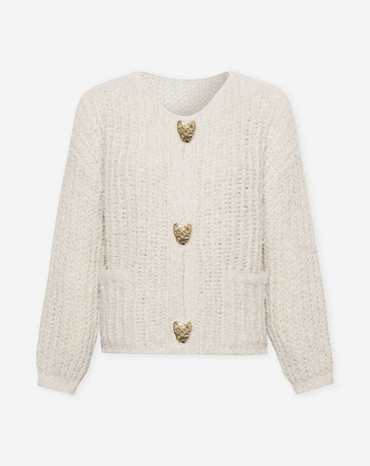 BOUCLE BIG HEART BUTTON CARDIGAN CRÈME
