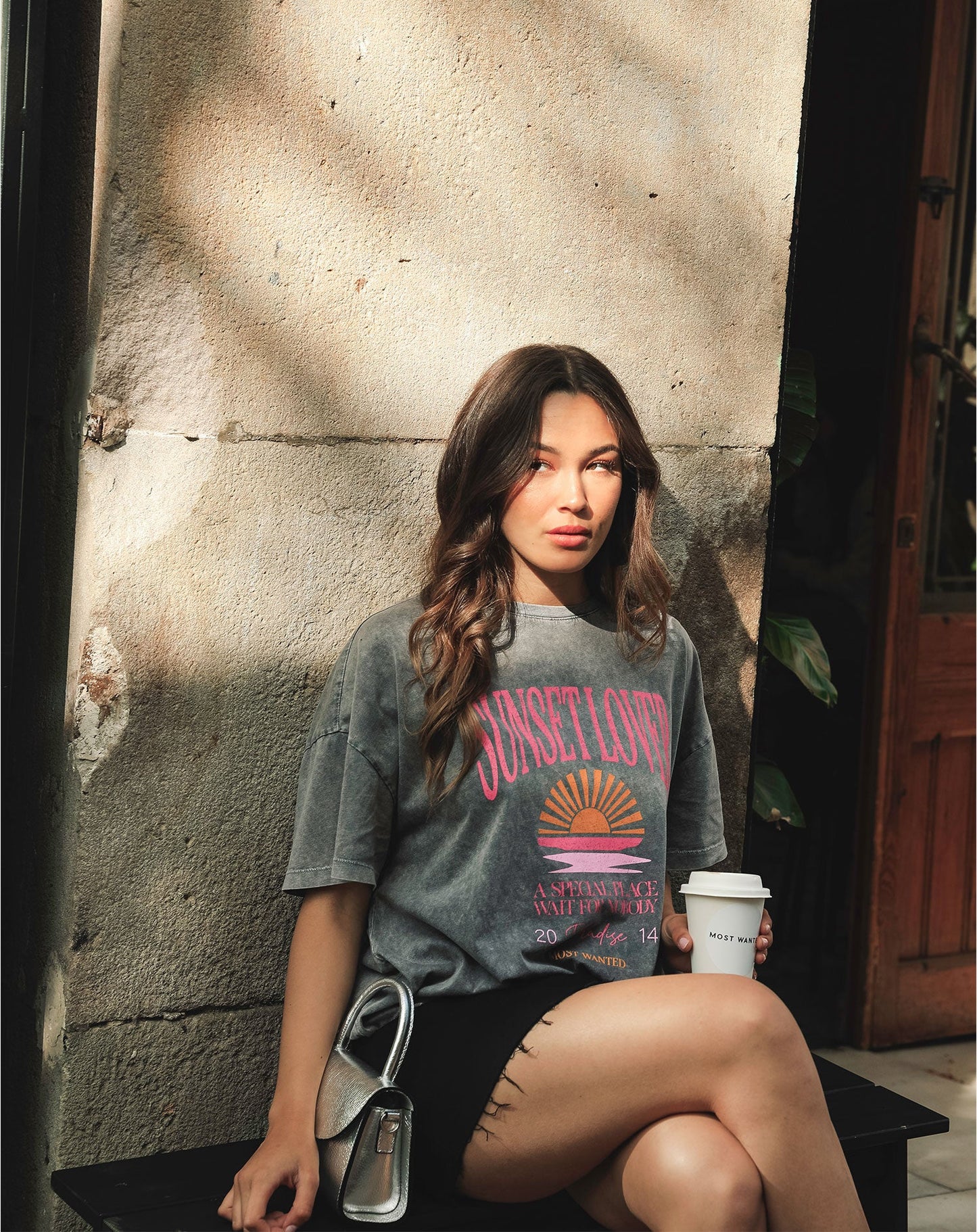 SUNSET LOVER OVERSIZED TEE ACID GRIJS