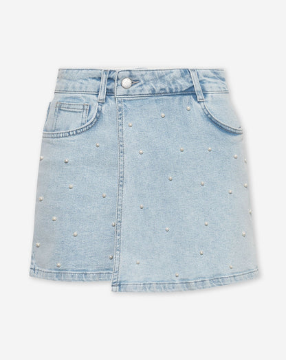 PEARL STUDS DENIM SKORT LICHTBLAUW