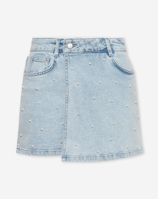 PEARL STUDS DENIM SKORT LICHTBLAUW