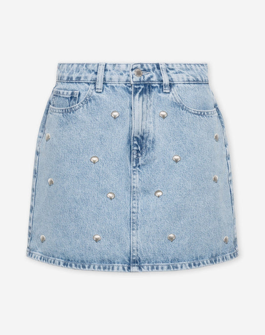 SHELL STUD DENIM SKIRT LICHTBLAUW