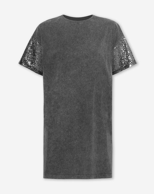SEQUIN SLEEVE ACID TEE DRESS GRIJS