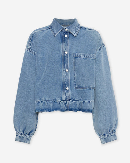 RUFFLE DENIM JACKET LUCHTBLAUW