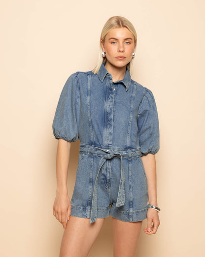 DENIM PUFF SLEEVE PLAYSUIT MID BLAUW