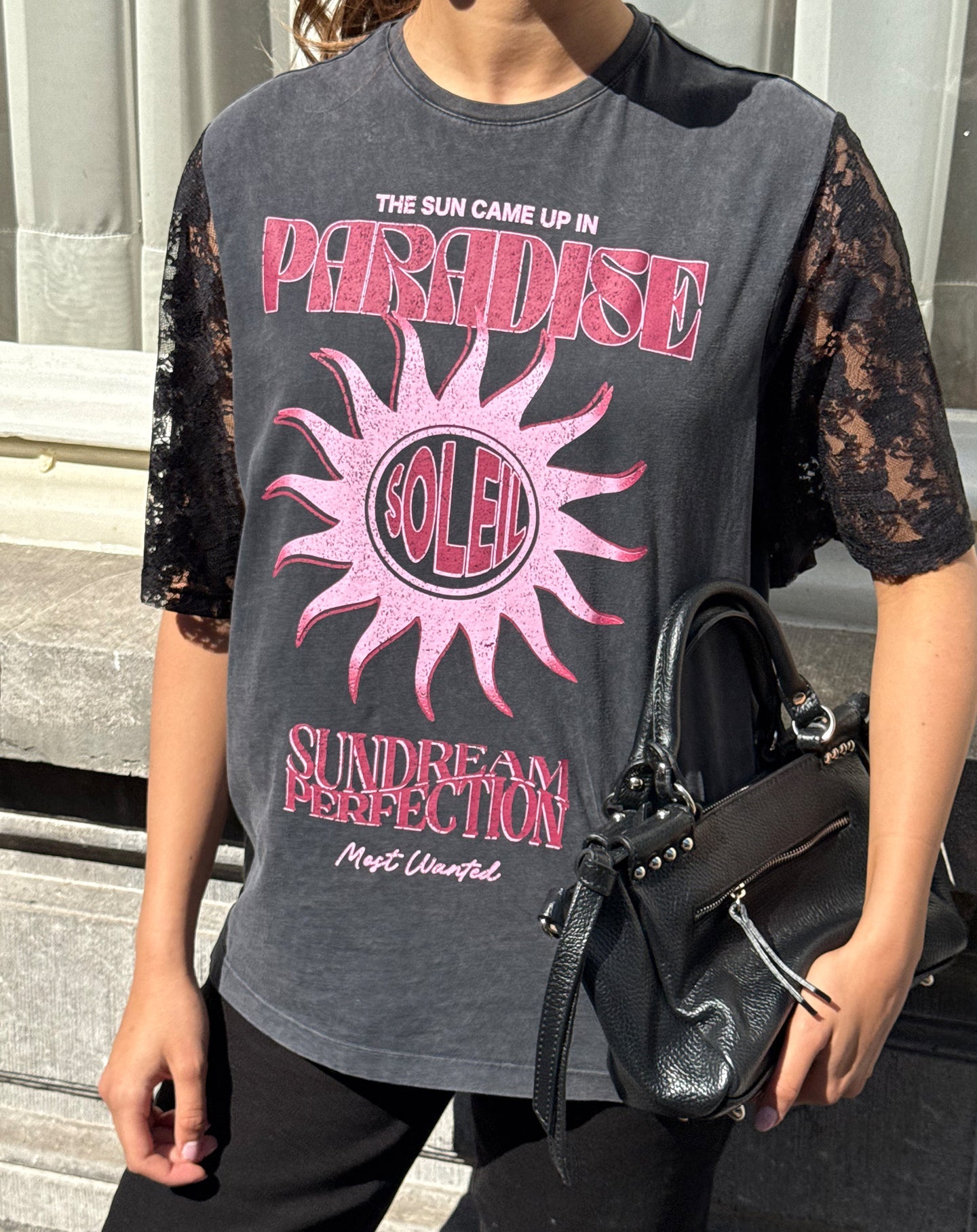 SUNDREAM LACE SLEEVE TEE ACID GRIJS
