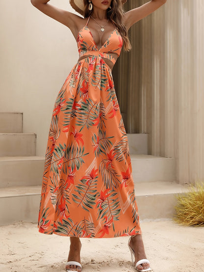 Merel | Tropische Halter Maxi Jurk met Bloemenprint en Open Rug voor Zomerlook