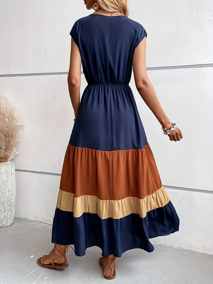Norah | Elegante Maxi Jurk met Kleurenblokken en V-Hals