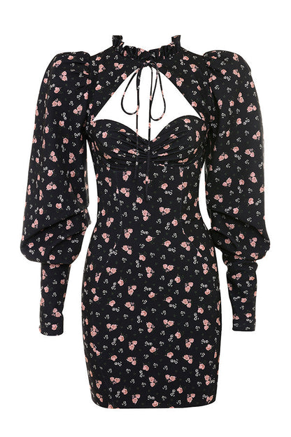 Raven | Elegante Mini Jurk met Bloemenprint en Pofmouwen