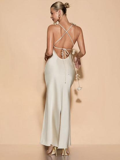 Samantha | Elegante Maxi Jurk met Bloemendetail en Open Rug