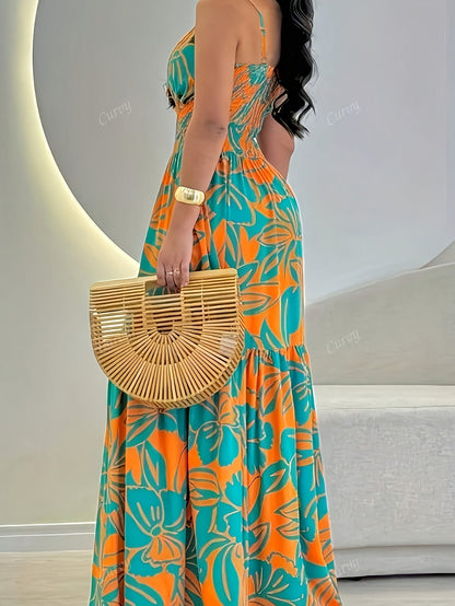 Sarah | Elegante Tropische Bloemenprint Halter Maxi Jurk met Knoopriem