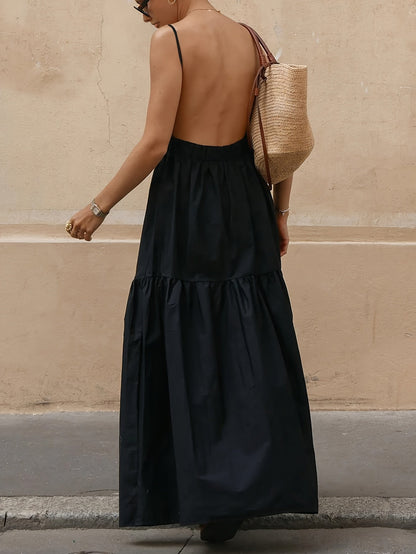Senna | Elegante Zwarte Open-Rug Maxi Jurk voor de Zomer