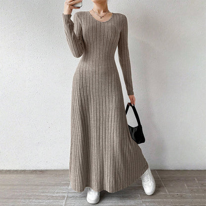 Sydney | Elegante Geribbelde Maxi Jurk met Lange Mouwen