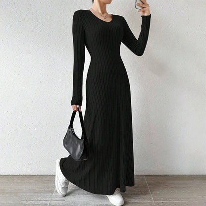 Sydney | Elegante Geribbelde Maxi Jurk met Lange Mouwen