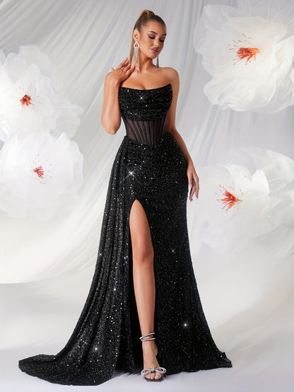 Tess | Luxe Strapless Galajurk met Lovertjes en Hoge Split
