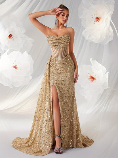 Tess | Luxe Strapless Galajurk met Lovertjes en Hoge Split