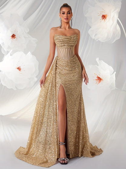Tess | Luxe Strapless Galajurk met Lovertjes en Hoge Split